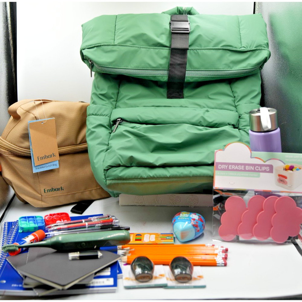 Green Puffer Backpack Bundle with‎ Embark Lunchbox and 25+ Back to School Items